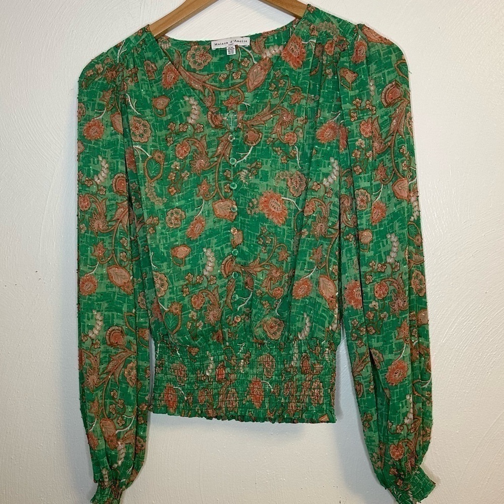Maison D Amelie Paris Floral Long Sleeve Blouse Smocked Waist Green X Small(b5